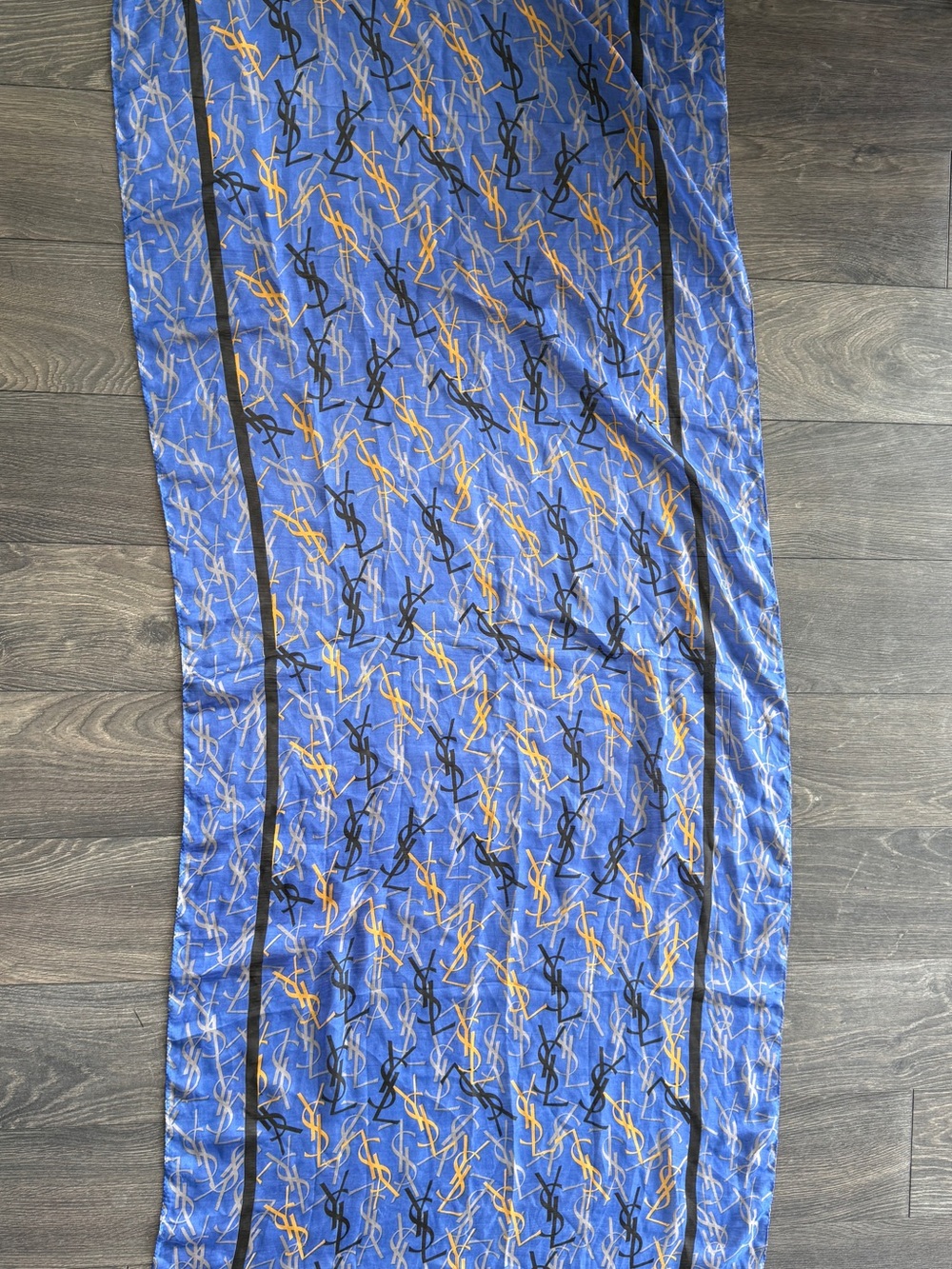 Yves Saint Laurent Blue Scarf with Black and Gold YSL Monogram